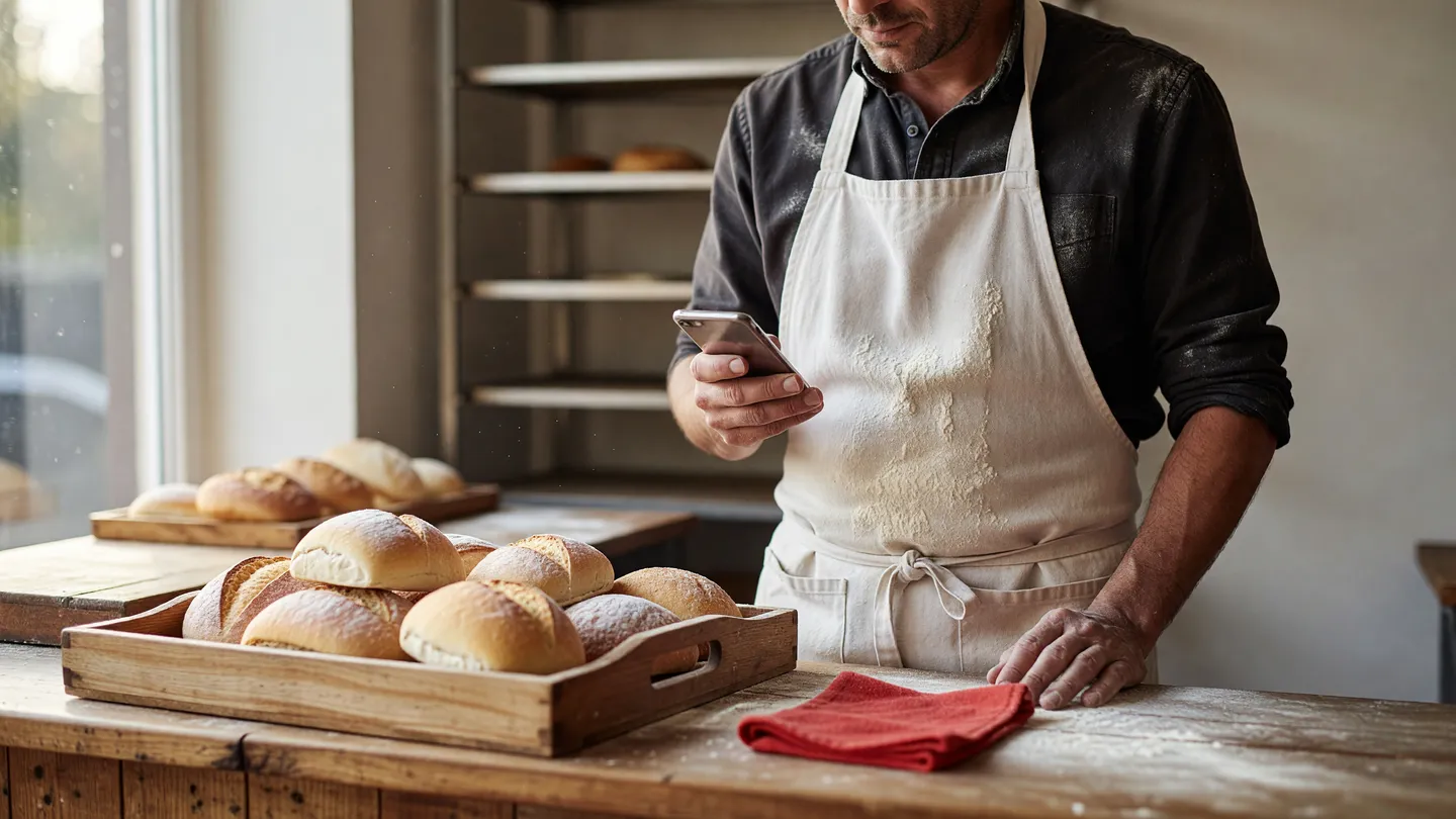 Panettiere controlla al telefono un post prima di pubblicarlo nel suo negozio al mattino