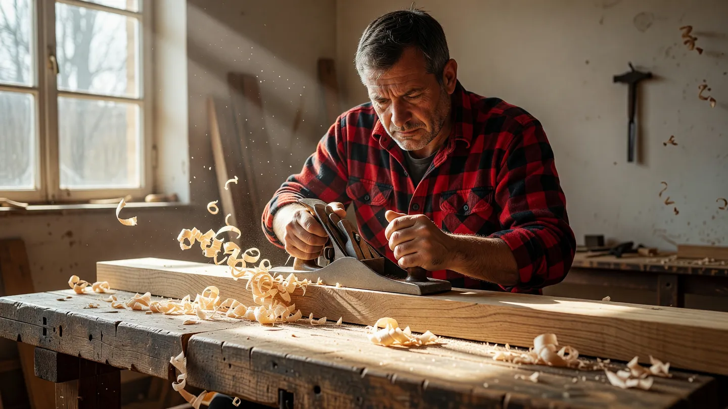 Artigiano del legno al banco da lavoro nella bottega illuminata, immagine della cura costante che sostiene la coerenza di marca nel tempo