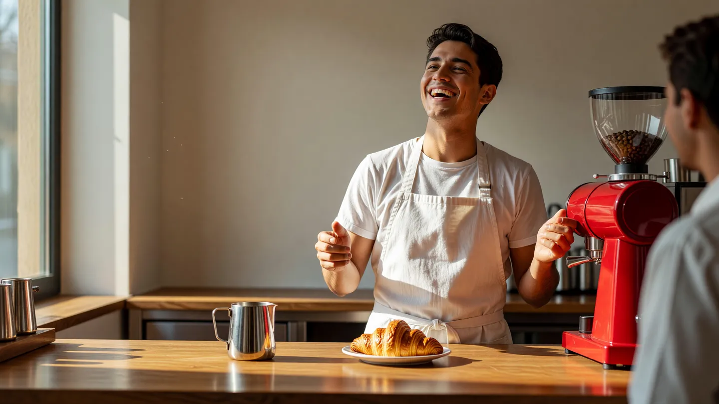 Barista sorride mentre parla con un cliente in un bar luminoso, immagine legata alle novità social per le attività