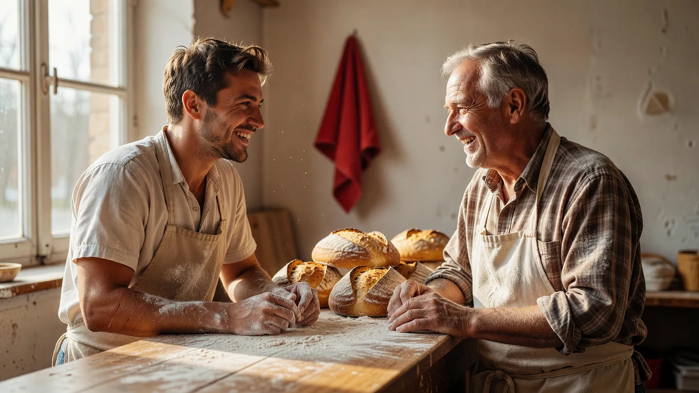 Due persone che chiacchierano in un piccolo panificio, immagine dello storytelling d'impresa fatto di relazioni vere e quotidiane