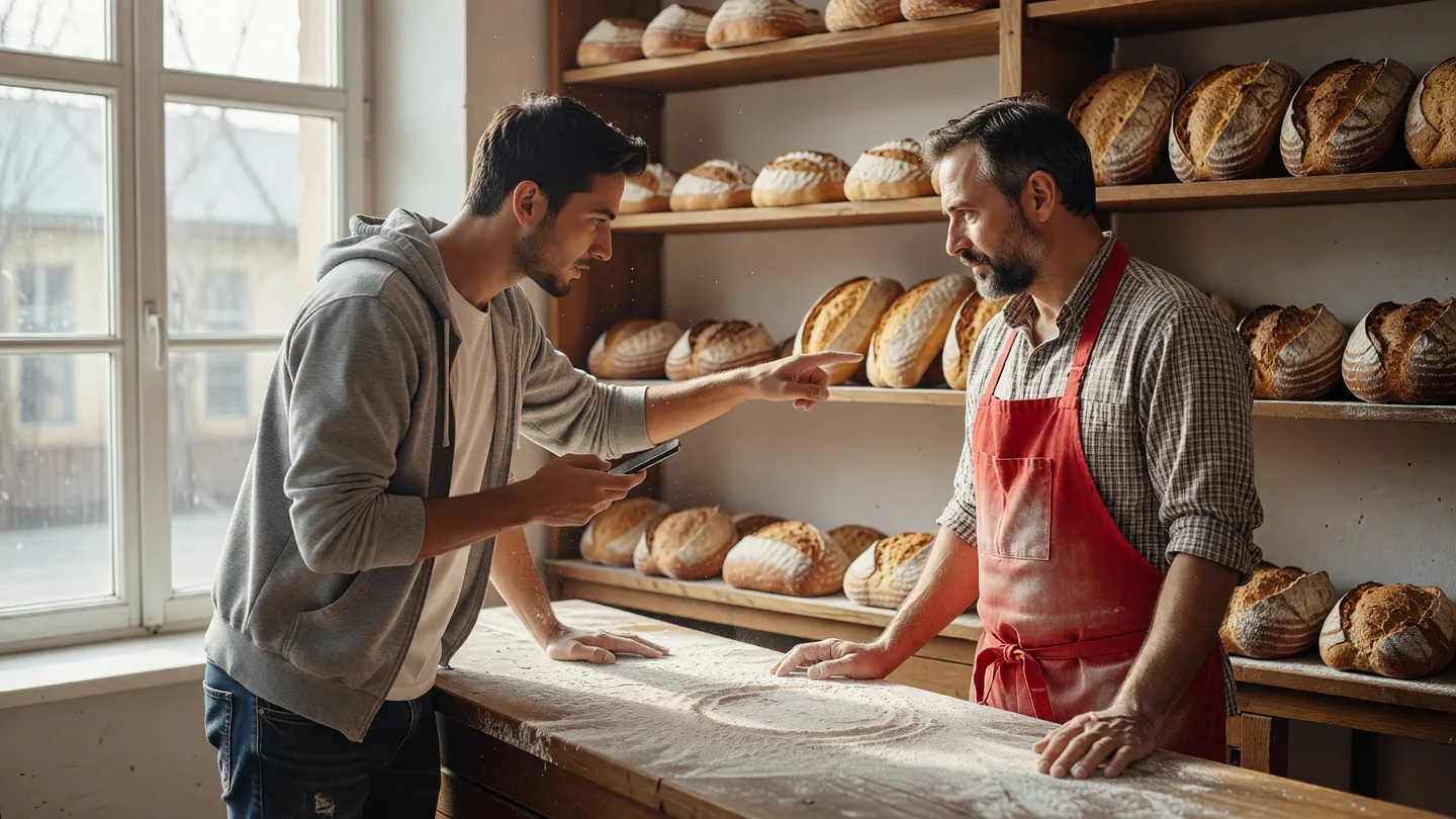 Un cliente in panetteria mostra qualcosa dal telefono al fornaio: esempio di contenuto che spinge alla condivisione privata
