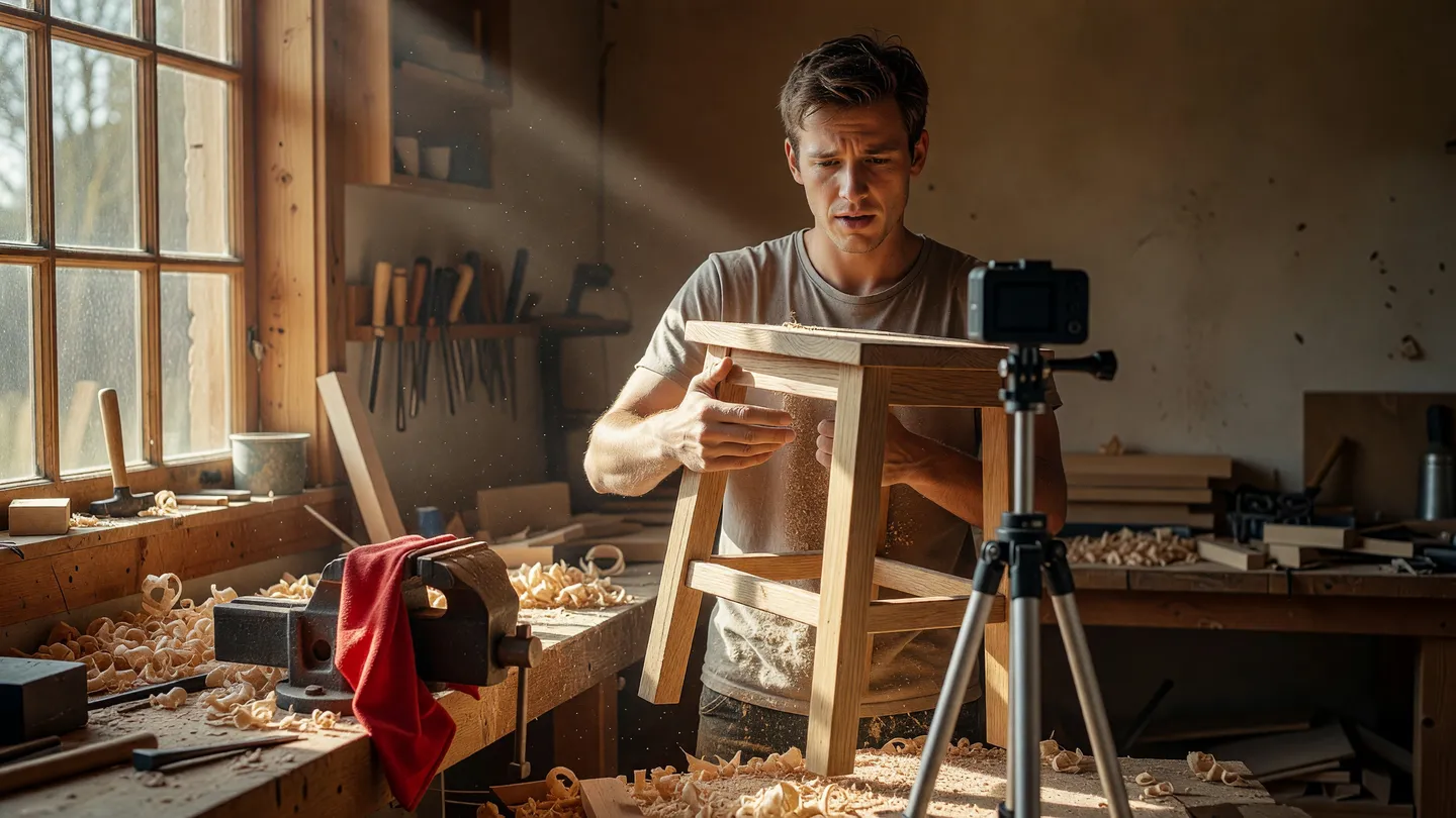 Artigiano del legno registra un video spiegando il suo lavoro, esempio di contenuti condivisibili in DM