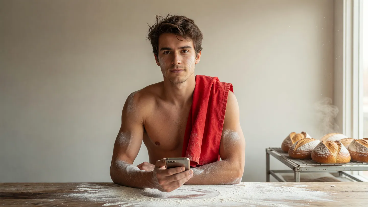 Fornaio all'alba registra col telefono il pane appena sfornato per i social della sua attività locale