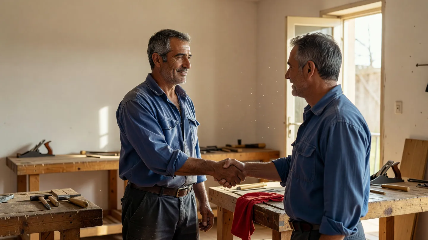 Artigiano stringe la mano a un cliente nella sua bottega luminosa, momento che genera recensioni e visibilità locale