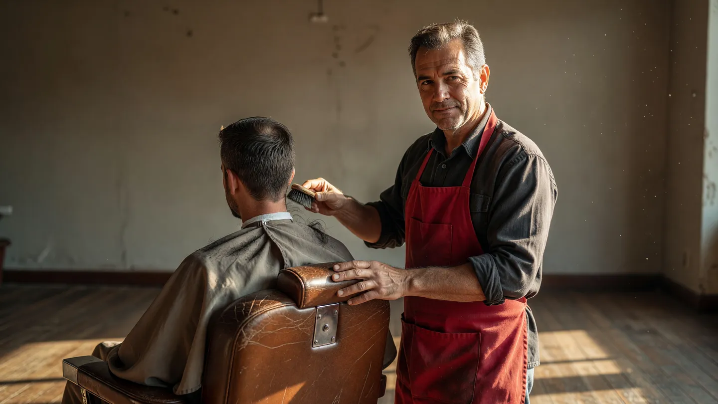 Barbiere di quartiere al lavoro con un cliente, esempio di attività locale visibile nella propria zona