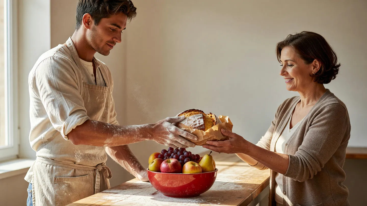 Fornaio consegna il pane a un cliente del quartiere alla luce del mattino, il passaparola locale che aiuta a farsi trovare in zona