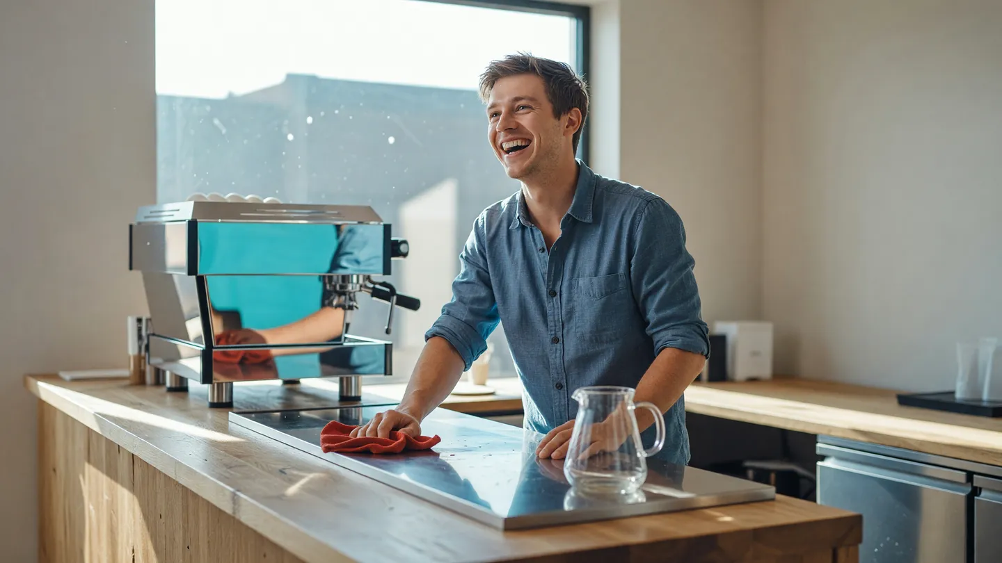 Barista al bancone del bar la mattina, esempio di attività locale che segue le nuove funzioni social