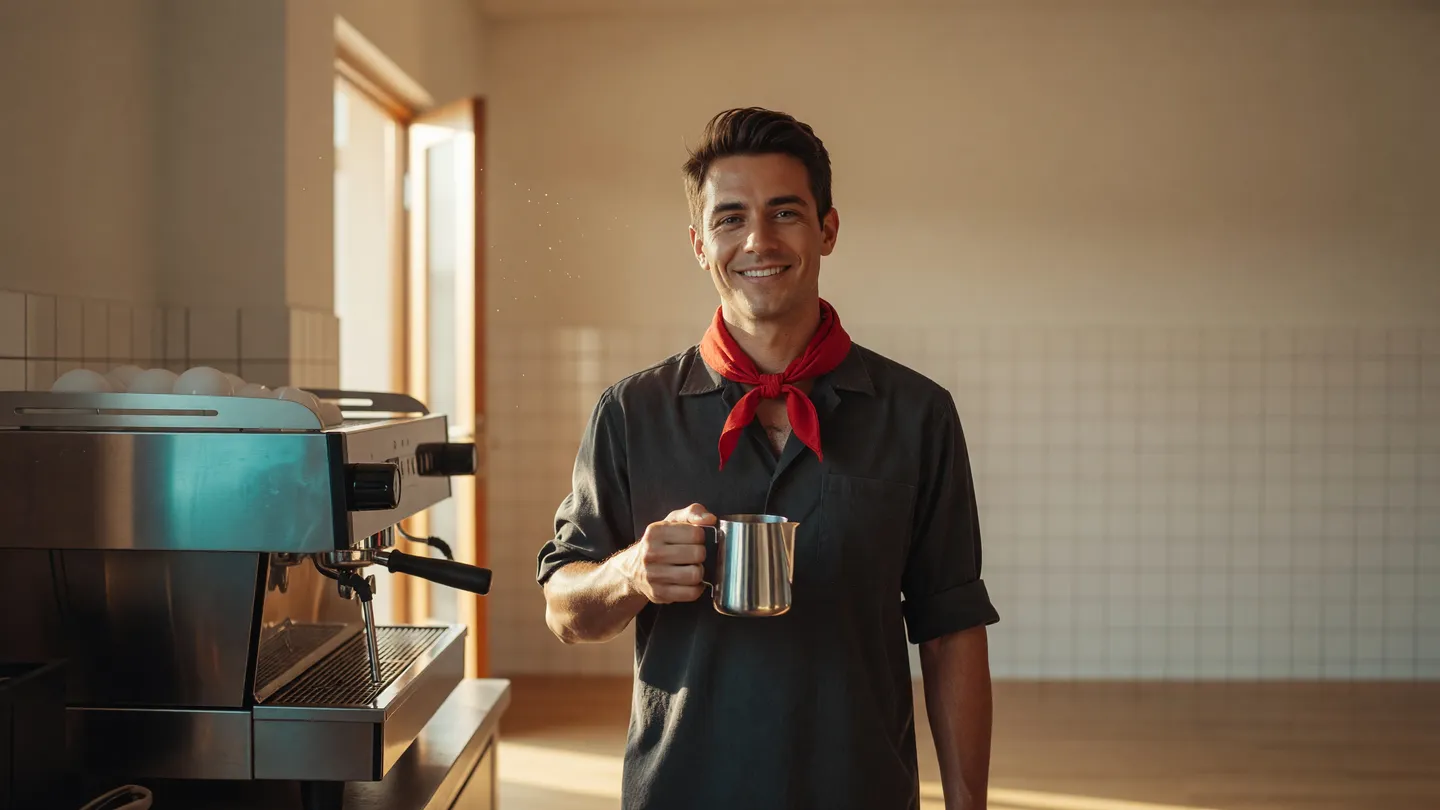 Barista sorridente in un bar illuminato dal sole di mattina, aggiornamenti delle piattaforme social