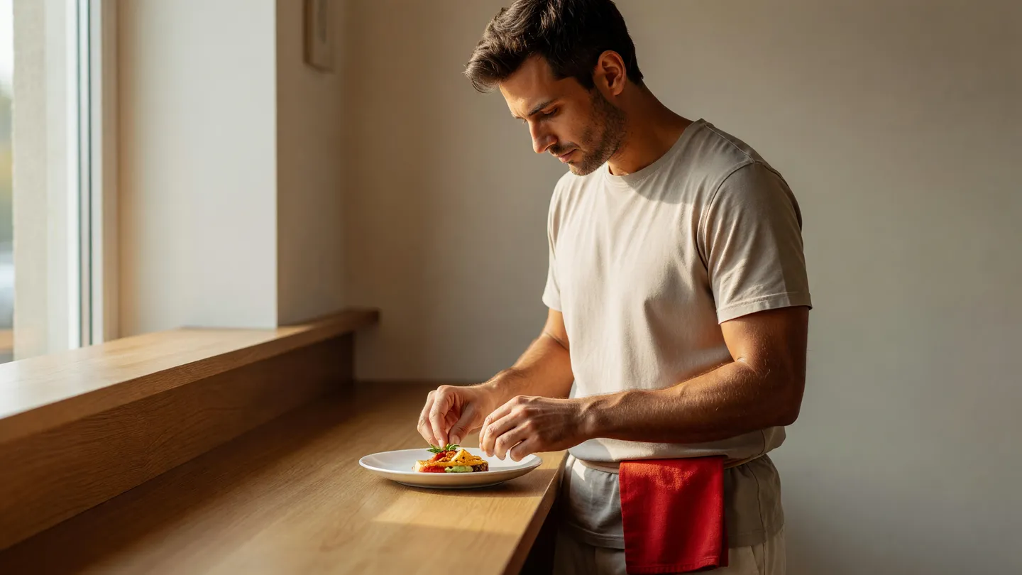 Ristoratore che impiatta con calma dietro il bancone, un gesto quotidiano che diventa contenuto ricorrente per il feed