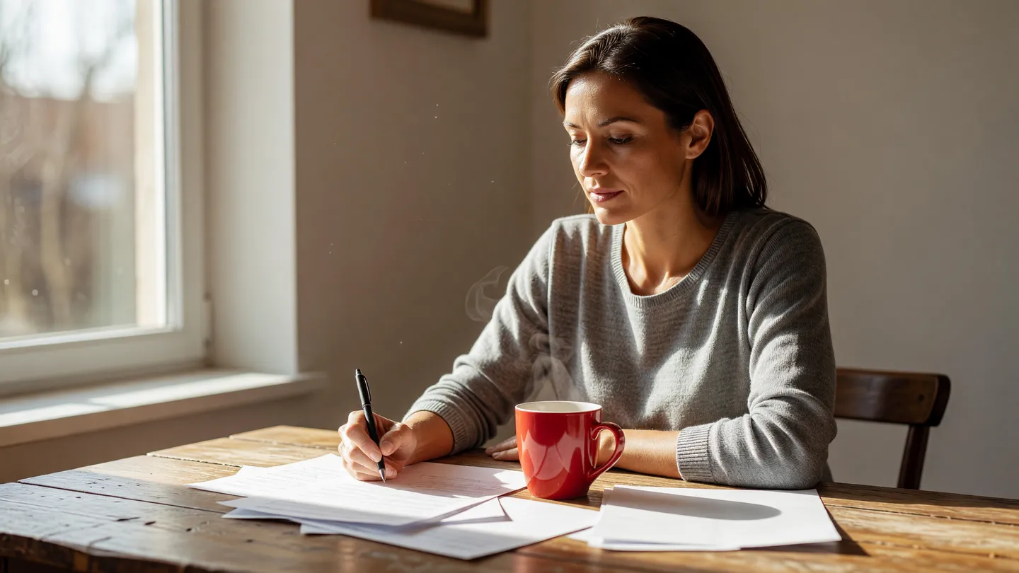 Titolare che pianifica i contenuti social un mese alla volta al tavolo di casa con luce del mattino