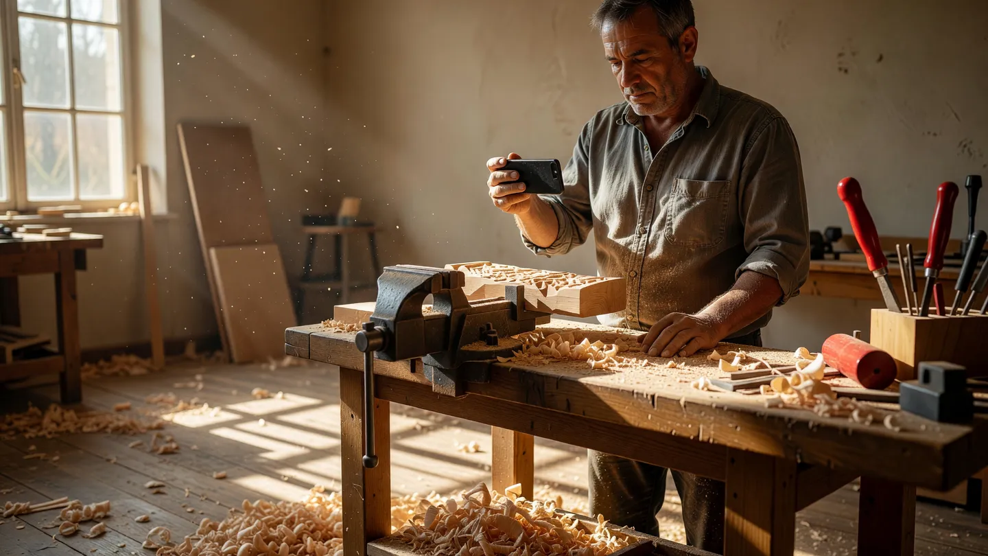 Artigiano del legno che riprende una lavorazione per riusare il contenuto su più post social