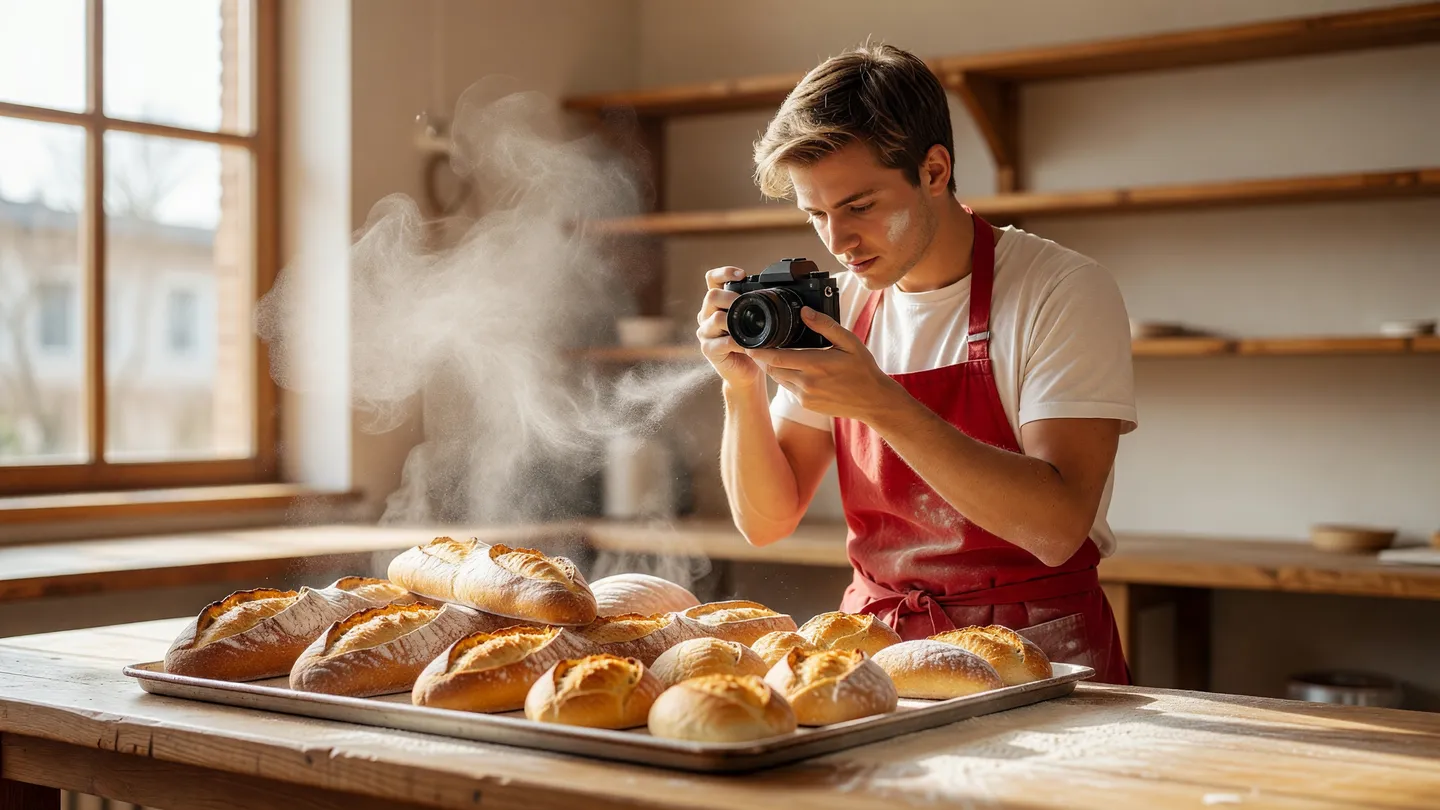 Panettiere che fotografa il pane fresco per riusare lo stesso contenuto sui social