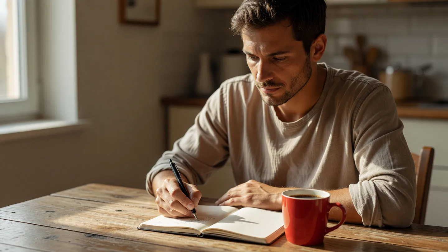 Uomo che pianifica a mano a un tavolo illuminato dal sole, immagine del lavoro di programmazione dei contenuti social