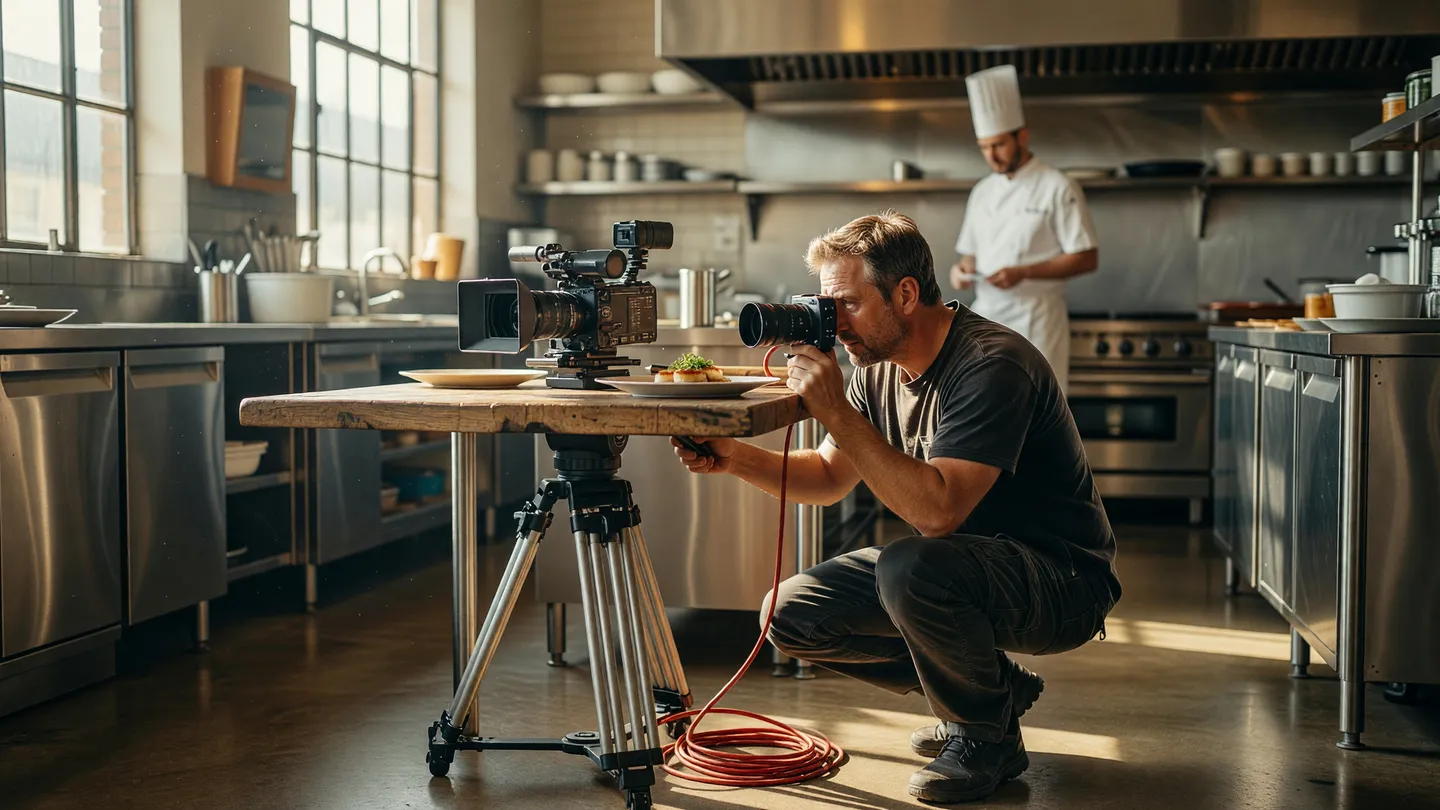 Videomaker professionista riprende un piatto con la cinepresa in una cucina luminosa