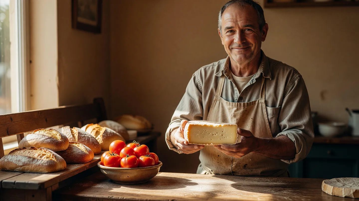 Bottegaio mostra un pezzo di formaggio dietro il bancone, formato tipico dei social per negozi alimentari