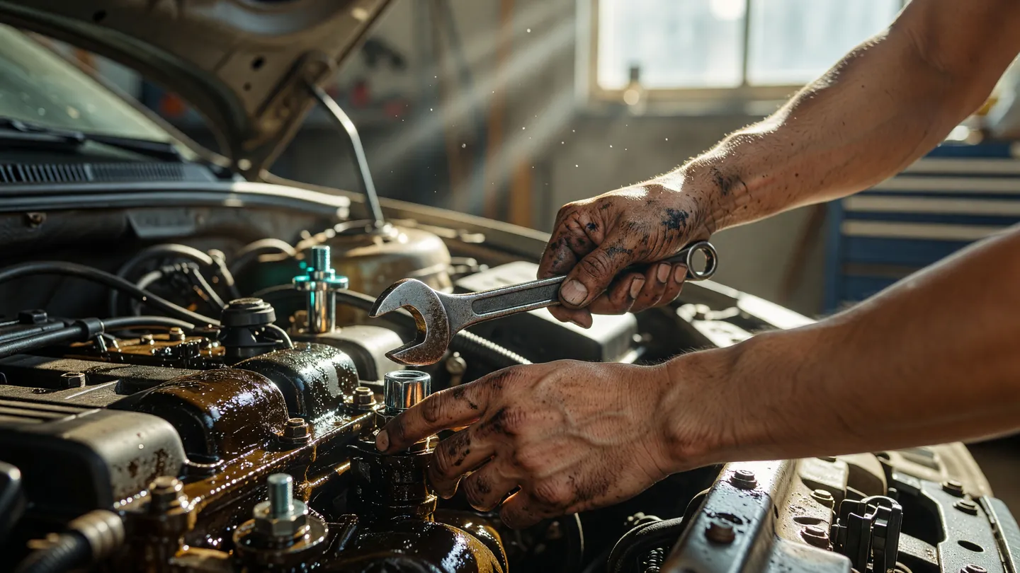 Mani di meccanico al lavoro su un motore in officina, gesto tecnico da raccontare sui social per officine