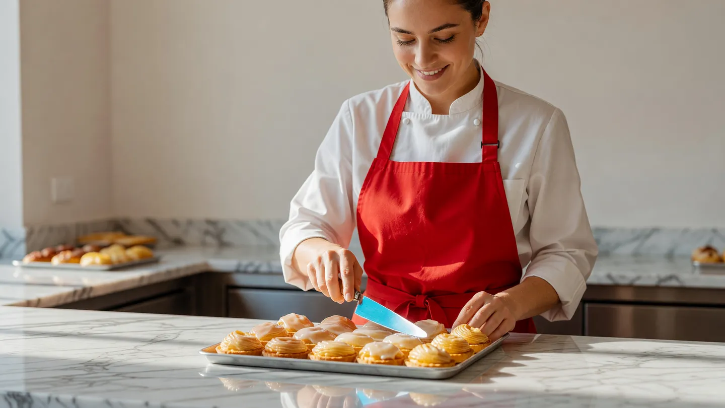 Pasticcere che glassa dei dolci al bancone di marmo, tema dei social per pasticcerie