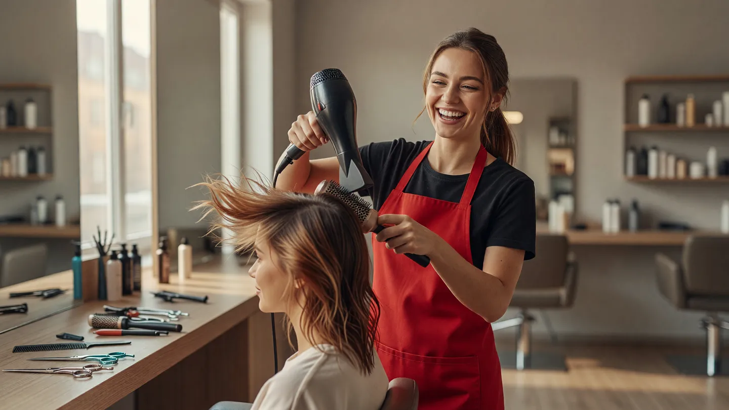 Parrucchiera sorridente che asciuga i capelli di una cliente in un salone luminoso