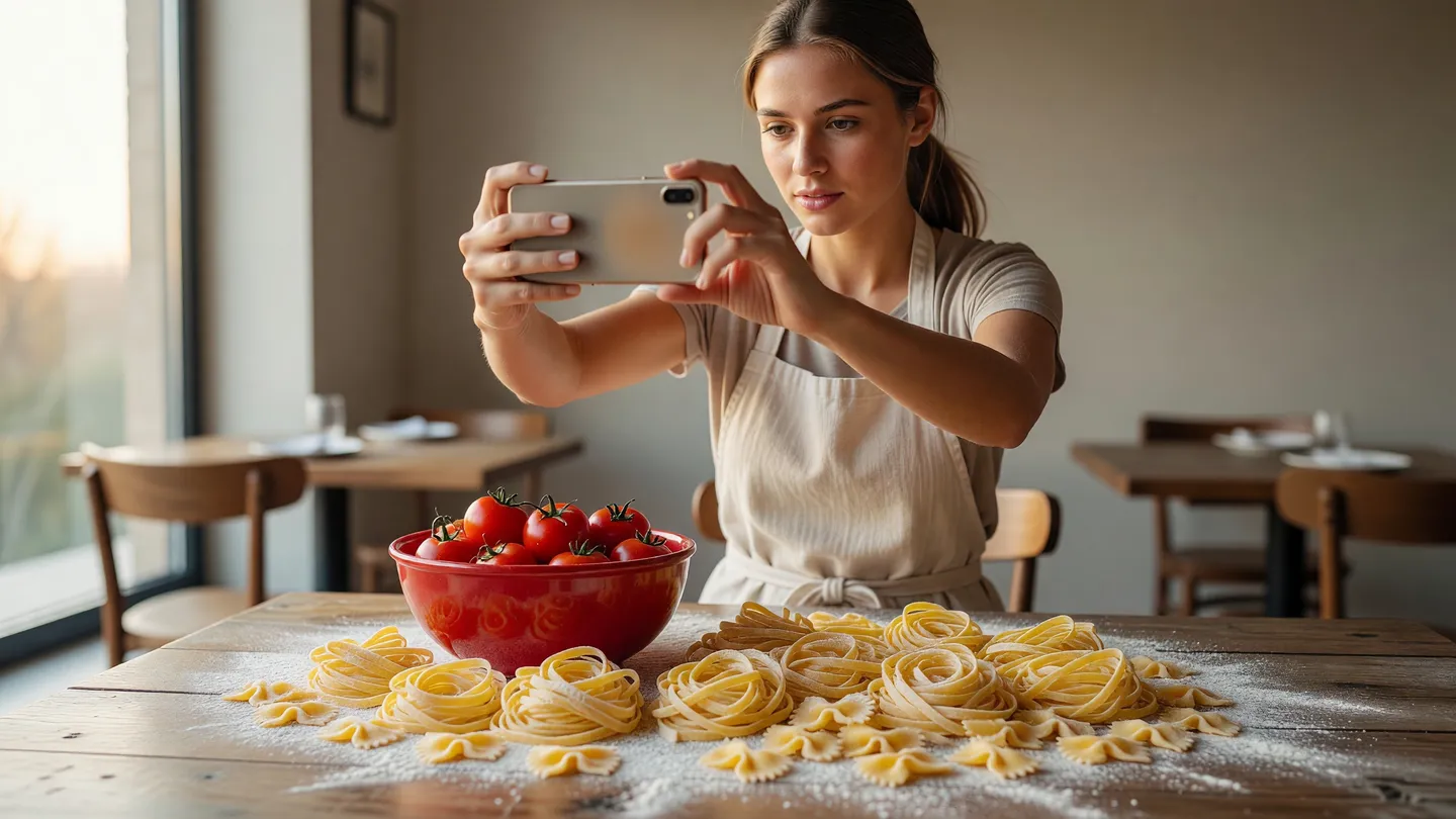 Ristoratrice che filma la pasta fresca col telefono la mattina, contenuto per social per ristoranti