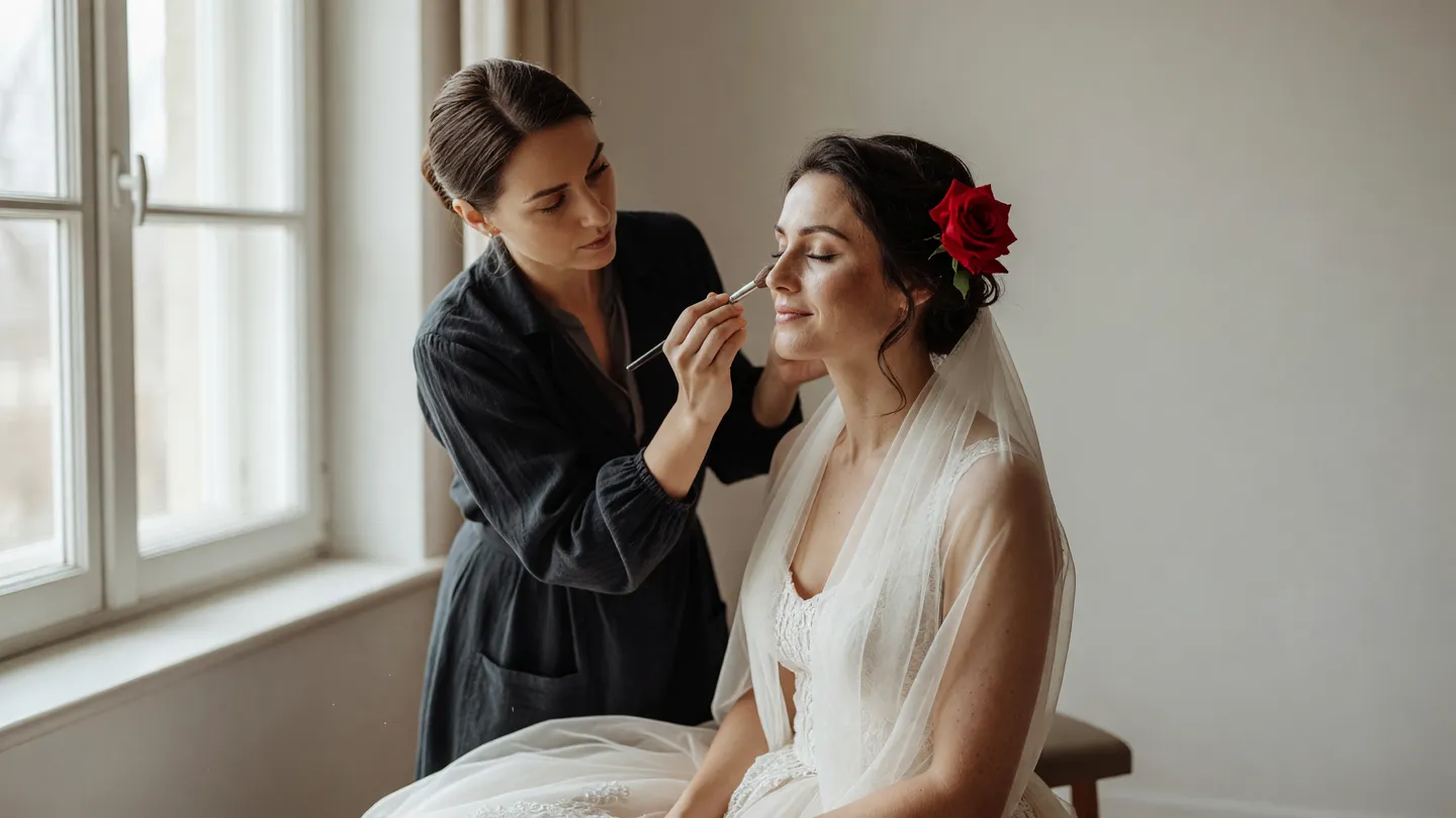 Make-up artist al lavoro su una sposa vicino a una finestra, scena reale per social per saloni di bellezza
