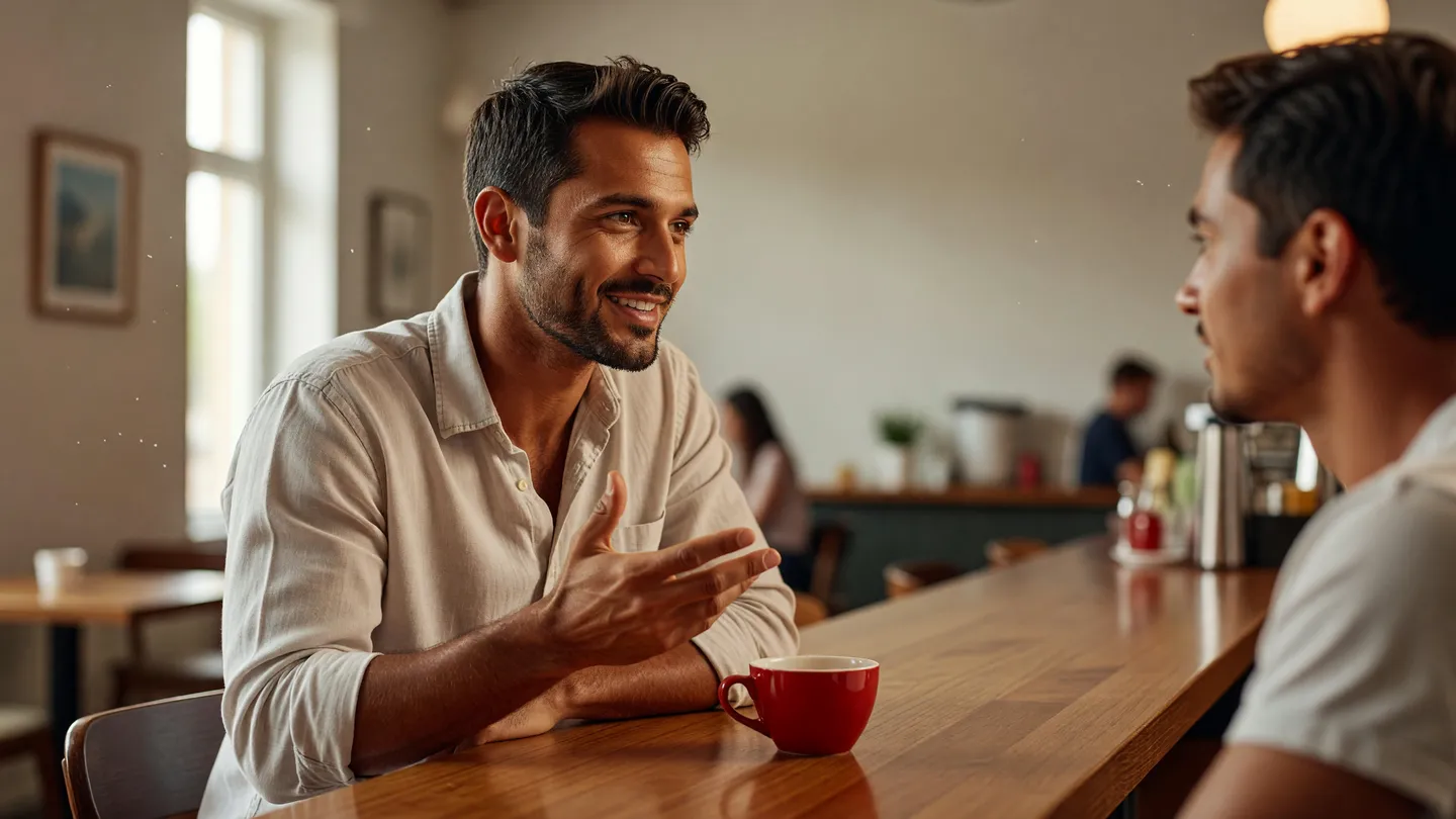 Titolare di un locale parla faccia a faccia con un cliente al bancone di giorno, il contatto umano che oggi batte i contenuti generici