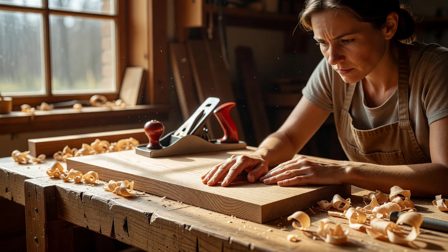 Artigiana che controlla al tatto la rifinitura di una tavola di legno: valori aziendali mostrati nel gesto